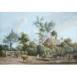 FOLLOWER OF PAUL SANDBY PEASANTS AND THEIR ANIMALS WITH A WAGON BY A THATCHED HOUSE gouache on paper