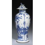 A CHINESE BLUE AND WHITE VASE AND COVER, 20TH C painted with a repeating pattern of a woman and