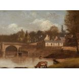 ENGLISH SCHOOL, 19TH CENTURY A RIVERSIDE VILLAGE oil on panel, 23 x 30.5cm++Cleaned and restored