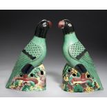 A PAIR OF CHINESE PORCELAIN GREEN PARROTS, 20TH C on pierced mound, 39cm h++Good condition