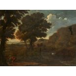 FOLLOWER OF JAN FRANS VAN BLOEMEN, CALLED ORIZZONTE CLASSICAL LANDSCAPE WITH FIGURES oil on