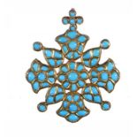 AN INDIAN TURQUOISE AND GOLD AND ENAMEL BROOCH PENDANT, RAJASTHAN AND A PAIR OF TURQUOISE AND
