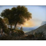 BRITISH SCHOOL AN ITALIANATE COASTAL LANDSCAPE AT SUNSET WITH FIGURES AT A WELL oil crystoleum, 19 x