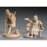 TWO JAPANESE IVORY OKIMONOS, MEIJI PERIOD of a woman on a bench and an itinerant and small dog, 7.