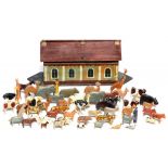 A GERMAN PAINTED WOOD FLAT BOTTOMED NOAH'S ARK, LATE 19TH C 47cm l and a quantity of contemporary