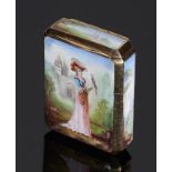 A CONTINENTAL GOLD AND ENAMEL VESTA CASE, C1900 the lid and all four sides painted with a lady