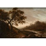 FOLLOWER OF JACOB VAN RUISDAEL WOODED RIVER LANDSCAPE WITH TRAVELLERS oil on oak panel, 11.5 x