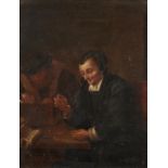 FOLLOWER OF ADRIAEN VAN OSTADE THE MONEY CHANGER oil on oak panel, 24 x 18.5cm++Varnish dirty,