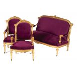 A FRENCH GILTWOOD SUITE, LATE 19TH C the forelegs on horn castors, canape 99cm h, 155cm l++Some