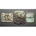 A CHINESE JADEITE PLAQUE A CARVED JADE OPENWORK ORNAMENT AND A BELT PLAQUE, 19TH/EARLY 20TH C