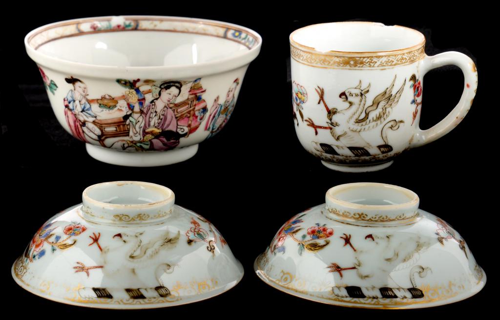 A CHINESE FAMILLE ROSE BOWL, QING DYNASTY, QIANLONG PERIOD finely enamelled with a lady and two