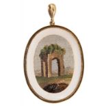 AN ITALIAN MICROMOSAIC PENDANT, 19TH C of ruins set in opaline glass mounted in gold, 40 x 25mm,