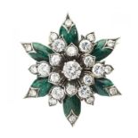 A DIAMOND AND GREEN GUILLOCHE ENAMEL FLOWER BROOCH in gold, 32mm, 18.3g++Good condition