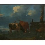 FOLLOWER OF JACOB VAN STRY LANDSCAPE WITH CATTLE oil on oak panel, 29 x 36cm++Varnish dirty; the