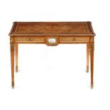 A VICTORIAN GILT BRASS MOUNTED KINGWOOD, TULIPWOOD AND MARQUETRY WRITING TABLE in Louis XVI style,
