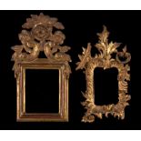 TWO GILTWOOD MINIATURE FRAMES, 18TH & 19TH C one of elaborate rococo design, the other crested by