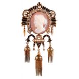 A HARDSTONE CAMEO, SPLIT PEARL, GOLD AND BLACK ENAMEL BROOCH in gold, 98mm, unmarked, 33.8g++Good