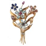 A MULTI GEM FLOWER BROOCH in gold, 100mm, unmarked, 51.7g++Good condition