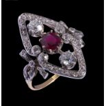 A RUBY AND DIAMOND OPEN MARQUISE CLUSTER RING the ruby 6 x 5mm the diamonds weighing in total approx