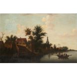 DUTCH SCHOOL A RIVER LANDSCAPE WITH ANGLERS IN A BOAT oil on canvas, 47 x 72cm++Lined in the earlier