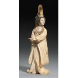 A JAPANESE DECORATED IVORY OKIMONO OF A SHIBRABYOSHI DANCER, MEIJI PERIOD 18cm h, signed Hakuraku on