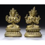 TWO SINO-TIBETAN GILT BRONZE FIGURES OF BODHISATTVAS, 18TH C finely cast and seated in dhyanasana on