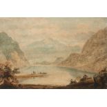 FRANCIS NICHOLSON, OWS (1753-1844) FIGURES BY A MOUNTAIN LAKE watercolour, 22 x 32.5cm++Somewhat