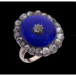 A GEORGIAN DIAMOND AND BLUE GUILLOCHE ENAMEL RING in gold, unmarked, 5.3g, size G++Crack on enamel