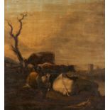 FOLLOWER OF NICOLAES BERCHEM A PEASANT AND CATTLE IN A LANDSCAPE, oil on canvas, 61.5 x 57cm++Long