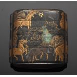 A LACQUER THREE CASE INRO, EDO PERIOD, 18TH C decorated with wild horses in nashiji kirikane and