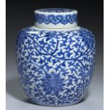 A CHINESE BLUE AND WHITE JAR AND COVER, QING DYNASTY, 19TH C painted in Ming style with lotus