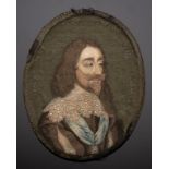 A FINE ENGLISH EMBROIDERED MINIATURE OF CHARLES I, LONDON, C1660-70 silk and metal thread, based