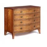 A VICTORIAN SERPENTINE SATINWOOD, MAHOGANY AND ROSEWOOD COMMODE, C1880 the top with figured mahogany