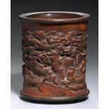 A CHINESE BAMBOO BRUSH POT, 19TH/EARLY 20TH C painted with ten figures in a continuous mountainous