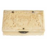 A NORTHERN EUROPEAN BONE SNUFF BOX, LATE 18TH C the lid and sides carved with a musical party,