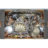 A VICTORIAN PATENT EPNS SHELL SHAPED DOUBLE OPENING BISCUIT BOX, MISCELLANEOUS PLATED WARE AND A