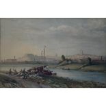 A VICTORIAN LITHOGRAPH PAINTED IN COLOUR, NOTTINGHAM FROM THE TRENT, 44 X 29CM AND AFTER J. A.