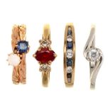 THREE GEM SET 9CT GOLD RINGS AND ANOTHER GEM SET RING IN GOLD, UNMARKED, 7.3G, SIZES L, M, K ++