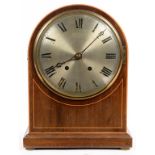 A GERMAN MAHOGANY AND LINE INLAID MANTEL CLOCK WITH SILVERED DIAL AND PIERCED HANDS, TING TANG