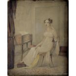 FOLLOWER OF ADAM BUCK, PORTRAIT OF A LADY SEATED AT A PIANO, WATERCOLOUR, 28 X 23CM