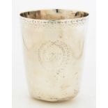 A BRIGHT CUT SILVER BEAKER, 9.5CM H, APPARENTLY UNMARKED, WORN, 4OZS 10DWTS