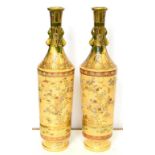 A PAIR OF JAPANESE SLENDER CYLINDRICAL SATSUMA VASES, ENAMELLED WITH FINCHES AND FLOWERS, 35CM H,