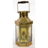 A BRASS WORLD WAR II SHIPS LANTERN, STAMPED BULPITT LIMITED BIRMINGHAM 1915, 40CM H