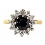 A SAPPHIRE AND DIAMOND CLUSTER RING IN GOLD, TOTAL DIAMOND WEIGHT APPROX 0.3CT, MARKED 18CT, 4.2G,