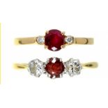 A RUBY AND DIAMOND RING IN GOLD, MARKED 18CT, 1.8G, AND ANOTHER RUBY AND DIAMOND RING IN GOLD,