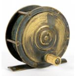 ANGLING. A SCOTTISH BRASS 9CM FISHING REEL BY HOGG, EDINBURGH, BONE HANDLE ++The reel turning