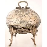 A VICTORIAN NATURALISTIC EPNS TWO COMPARTMENT BISCUIT BOX, 26CM H