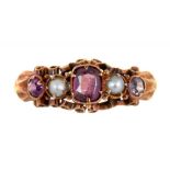 A VICTORIAN RUBY AND SPLIT PEARL RING IN 15CT GOLD, BIRMINGHAM 1864, 1.85G, SIZE O ++GOOD CONDITION