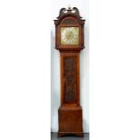 A 19TH C STAINED AND CARVED OAK EIGHT DAY LONGCASE CLOCK WITH BRASS DIAL, 215CM H