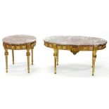 TWO MARBLE TOPPED GILT PAINTED OCCASIONAL TABLES AND A BRASS MOUNTED DRINKS TROLLEY